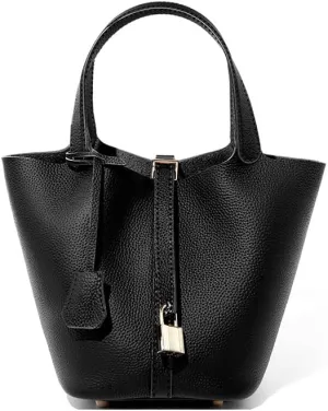 Genuine Leather Lock Design Bucket Bag Vegetable Basket for Women, Ladies' Versatile Shoulder Handbag