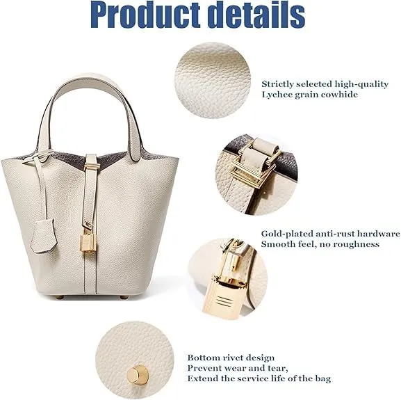 Genuine Leather Lock Design Bucket Bag Vegetable Basket for Women, Ladies' Versatile Shoulder Handbag