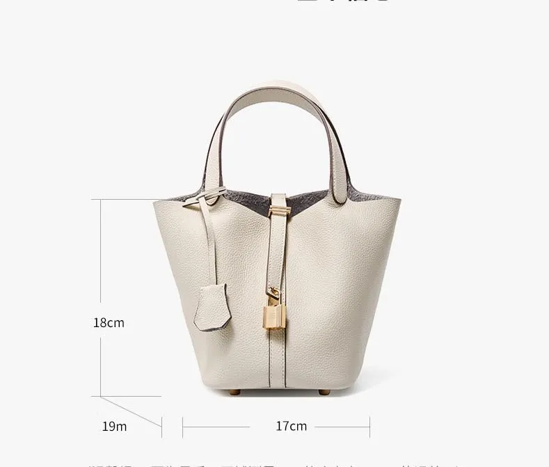 Genuine Leather Lock Design Bucket Bag Vegetable Basket for Women, Ladies' Versatile Shoulder Handbag