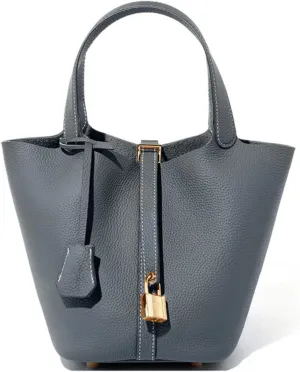 Genuine Leather Lock Design Bucket Bag Vegetable Basket Shoulder Handbag