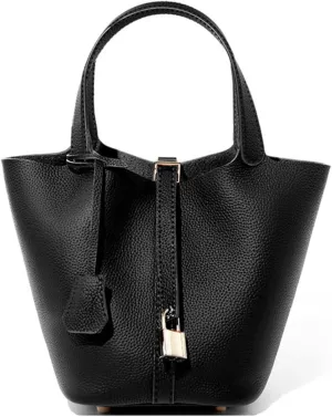 Genuine Leather Lock Design Bucket Bag Vegetable Basket Shoulder Handbag