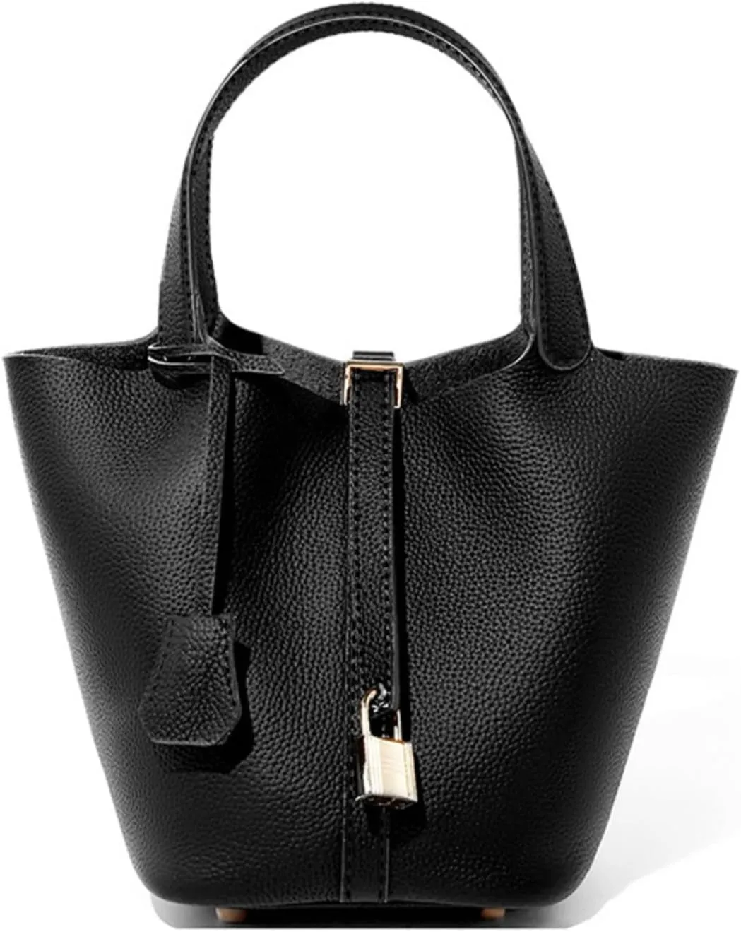 Genuine Leather Lock Design Bucket Bag Vegetable Basket Shoulder Handbag