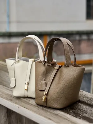 Genuine Leather Lock Design Bucket Bag Vegetable Basket, Versatile Shoulder Handbag Satchel Purses