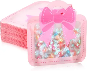 Gilprop 50 Pcs Coquette Bow Goodie Bags Plastic Gift Bag with Bow Handle Cute Candy Treat Pack for Birthday Bachelorette Baby Shower Bridal Shower Party, 7.87 x 7.48in(Pink)