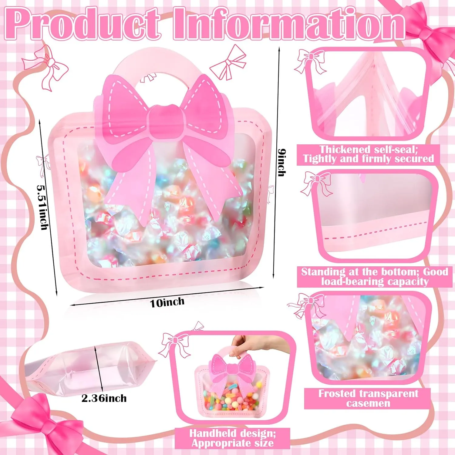 Gilprop 50 Pcs Coquette Bow Goodie Bags Plastic Gift Bag with Bow Handle Cute Candy Treat Pack for Birthday Bachelorette Baby Shower Bridal Shower Party, 7.87 x 7.48in(Pink)