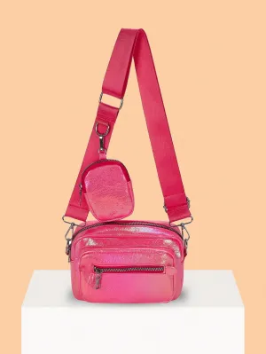 Girls Metallic PU Adjustable Strap Zipper Funky Square Bag With Coin Purse FD