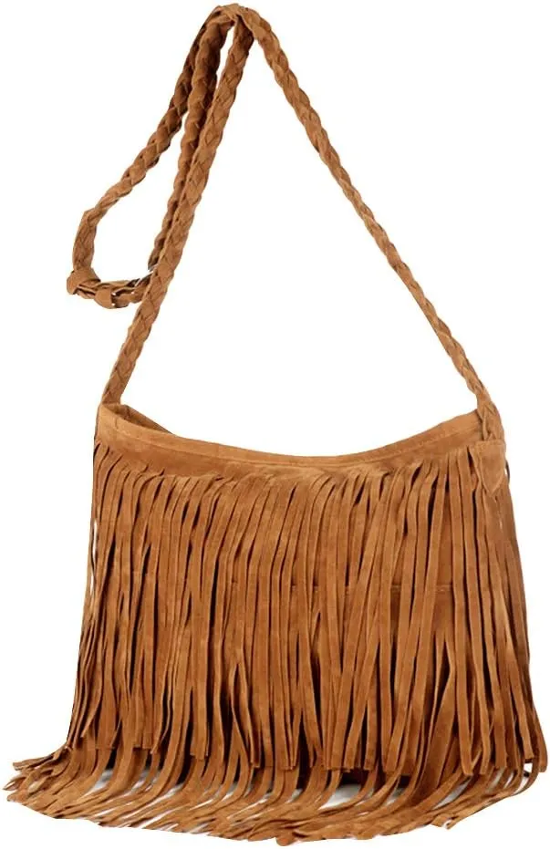 Goclothod Women Hippie Fringe Tassel Suede Hobo Shoulder Bag Vintage Messenger Crossbody Handbag