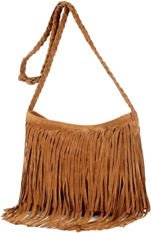 Goclothod Women Hippie Fringe Tassel Suede Hobo Shoulder Bag Vintage Messenger Crossbody Handbag