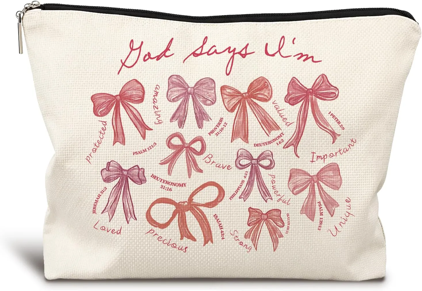 God Says I Am Pink Bow Christian Makeup Bag, Coquette Pink Bow Preppy Cosmetic Bags for Women, Inspirational Christian Gifts for Women, Girly Aesthetic Zipper Makeup Pouch
