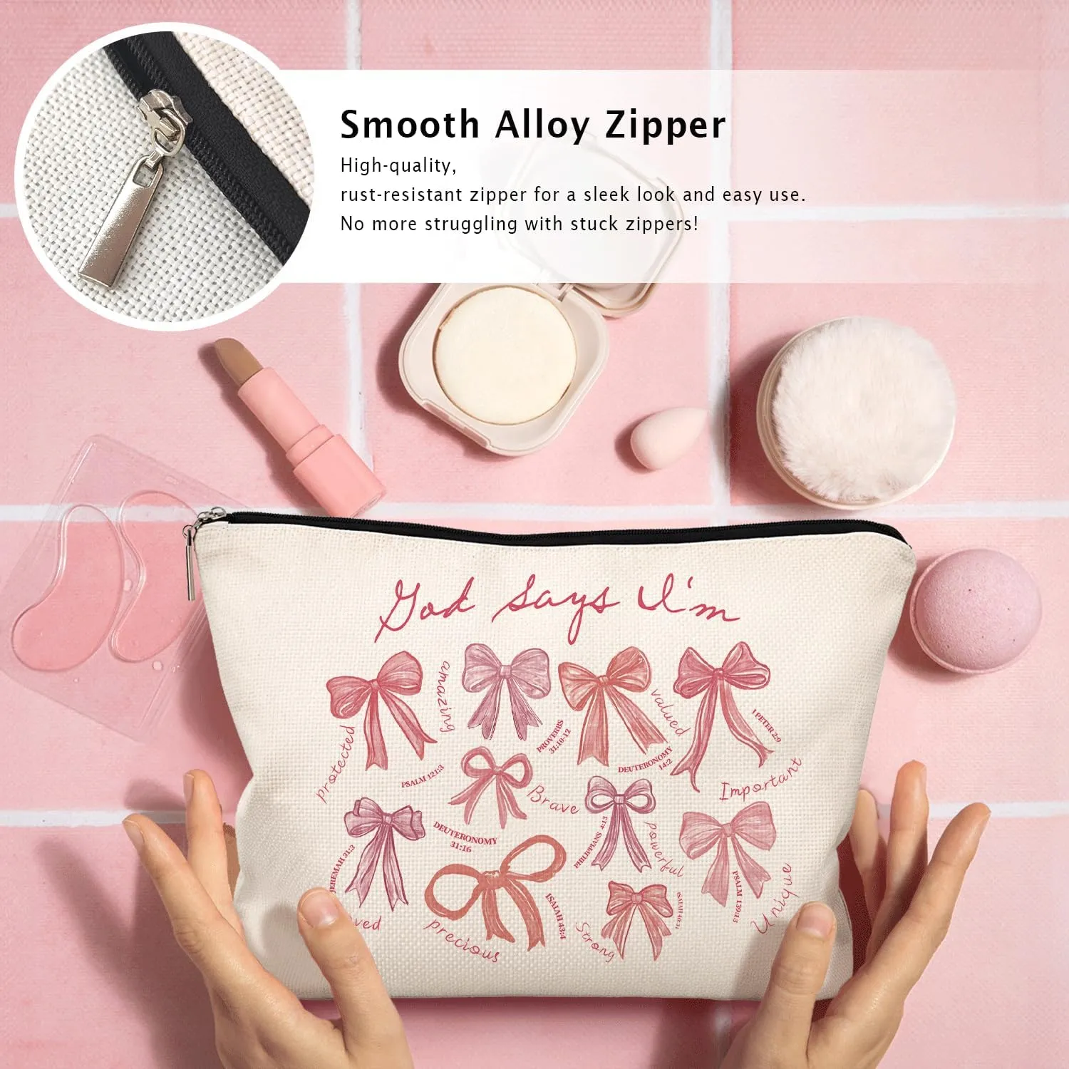 God Says I Am Pink Bow Christian Makeup Bag, Coquette Pink Bow Preppy Cosmetic Bags for Women, Inspirational Christian Gifts for Women, Girly Aesthetic Zipper Makeup Pouch