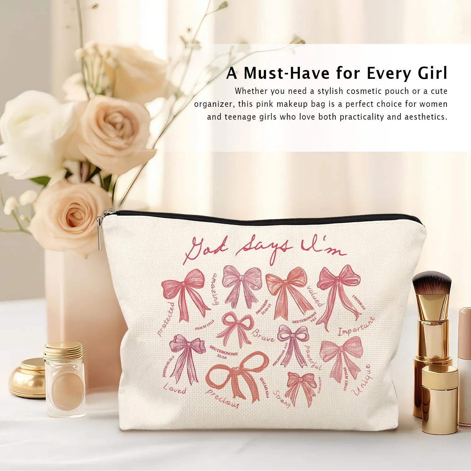 God Says I Am Pink Bow Christian Makeup Bag, Coquette Pink Bow Preppy Cosmetic Bags for Women, Inspirational Christian Gifts for Women, Girly Aesthetic Zipper Makeup Pouch