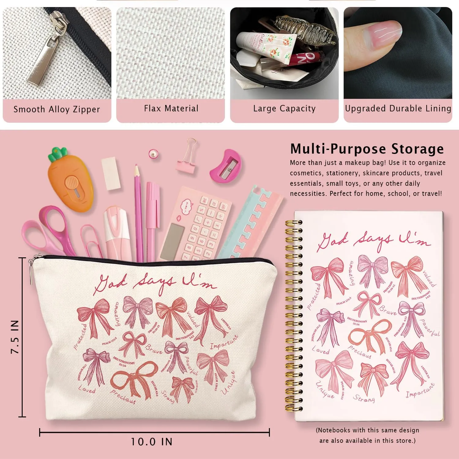 God Says I Am Pink Bow Christian Makeup Bag, Coquette Pink Bow Preppy Cosmetic Bags for Women, Inspirational Christian Gifts for Women, Girly Aesthetic Zipper Makeup Pouch