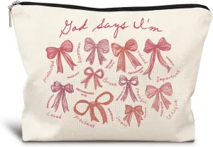 God Says I Am Pink Bow Christian Makeup Bag, Coquette Pink Bow Preppy Cosmetic Bags for Women, Inspirational Christian Gifts for Women, Girly Aesthetic Zipper Makeup Pouch