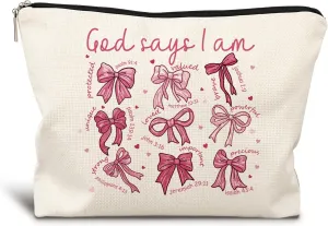God Says I Am Pink Christian Makeup Bag, Coquette Pink Bow Preppy Cosmetic Bags for Women, Inspirational Christian Gifts for Women, Preppy Aesthetic Zipper Makeup Pouch