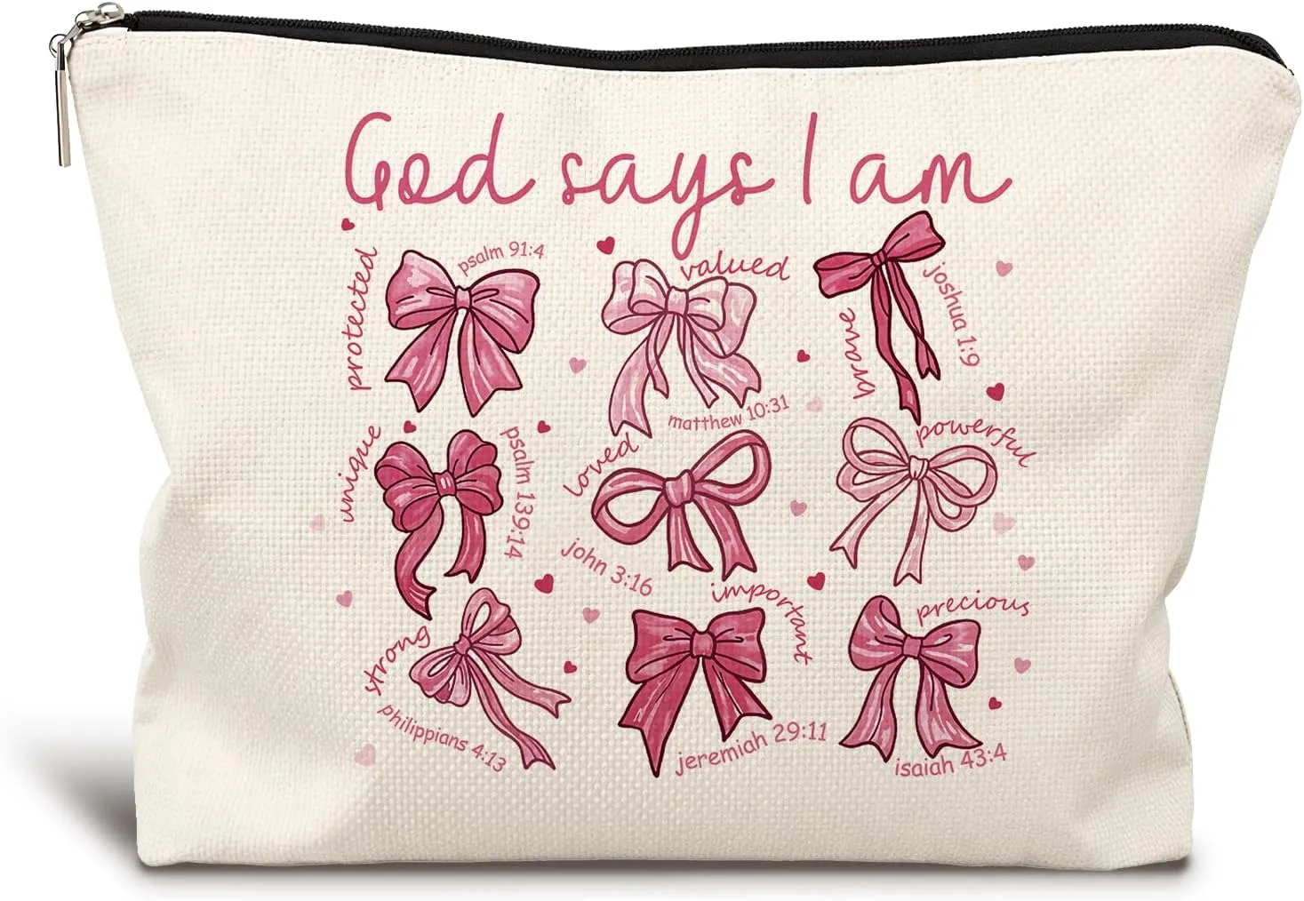 God Says I Am Pink Christian Makeup Bag, Coquette Pink Bow Preppy Cosmetic Bags for Women, Inspirational Christian Gifts for Women, Preppy Aesthetic Zipper Makeup Pouch