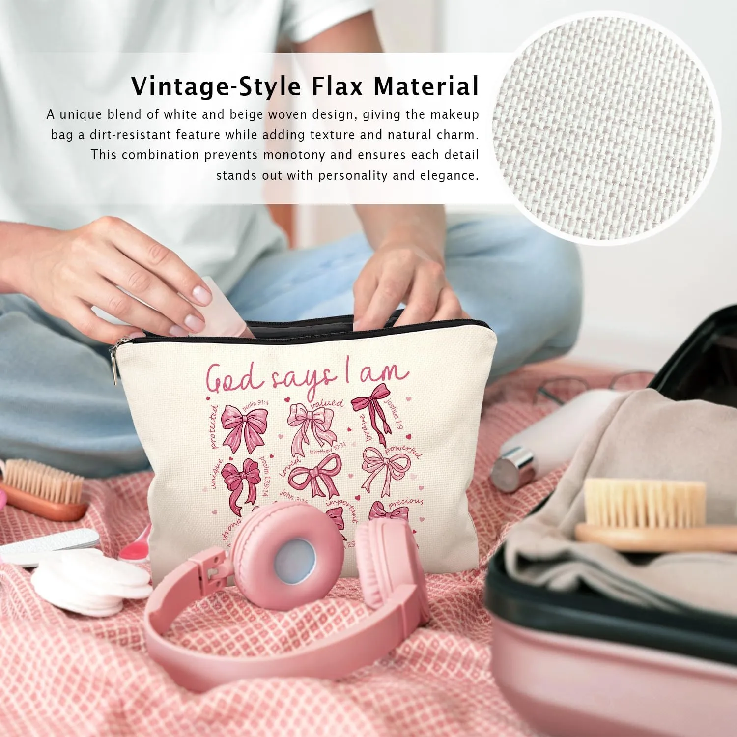 God Says I Am Pink Christian Makeup Bag, Coquette Pink Bow Preppy Cosmetic Bags for Women, Inspirational Christian Gifts for Women, Preppy Aesthetic Zipper Makeup Pouch