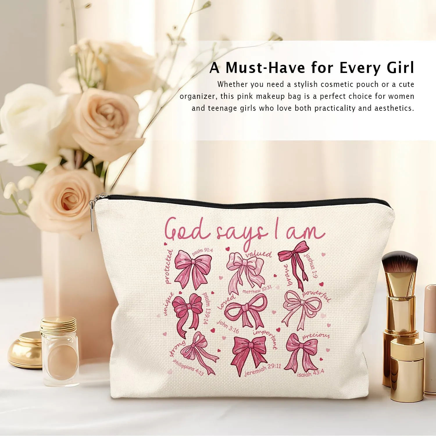 God Says I Am Pink Christian Makeup Bag, Coquette Pink Bow Preppy Cosmetic Bags for Women, Inspirational Christian Gifts for Women, Preppy Aesthetic Zipper Makeup Pouch