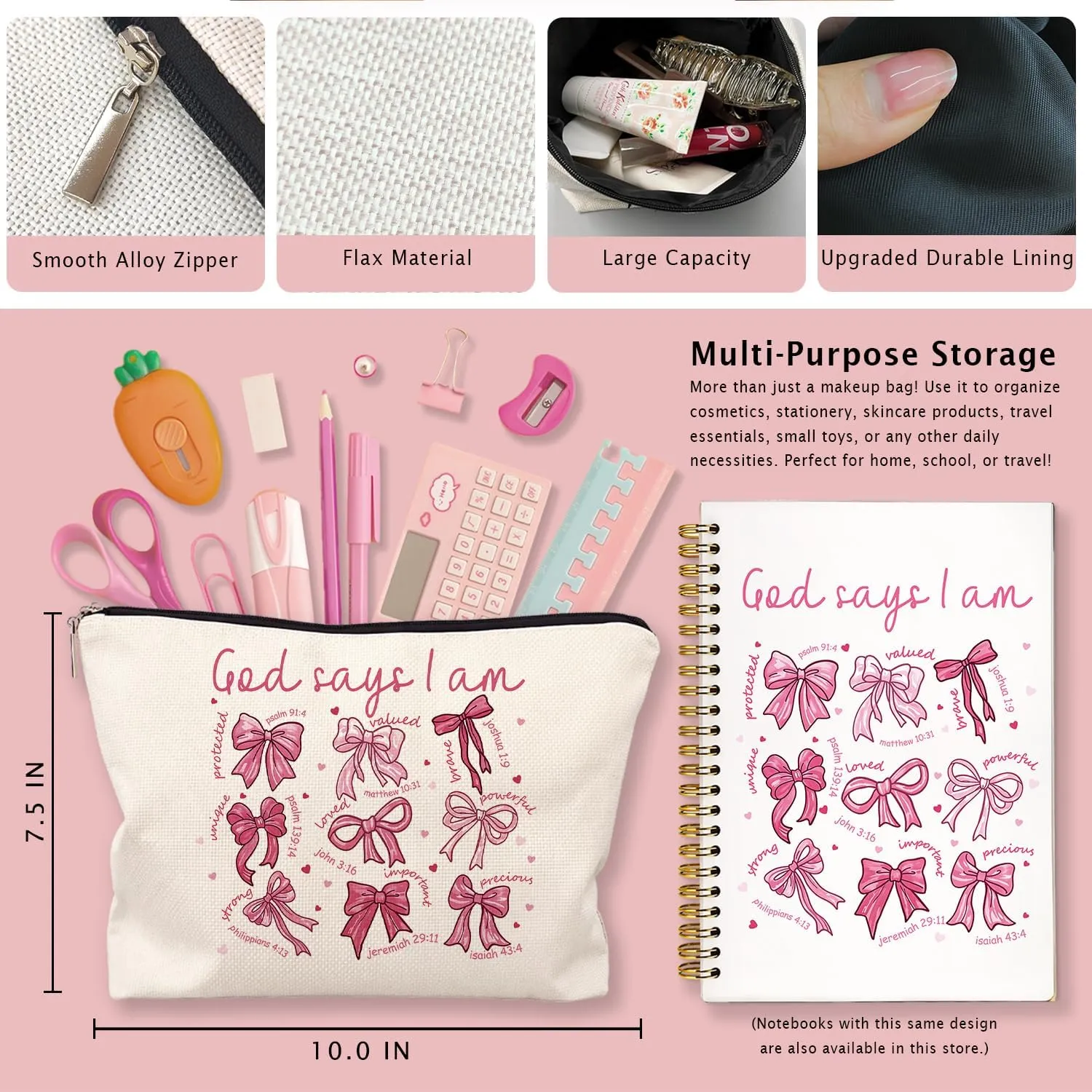 God Says I Am Pink Christian Makeup Bag, Coquette Pink Bow Preppy Cosmetic Bags for Women, Inspirational Christian Gifts for Women, Preppy Aesthetic Zipper Makeup Pouch