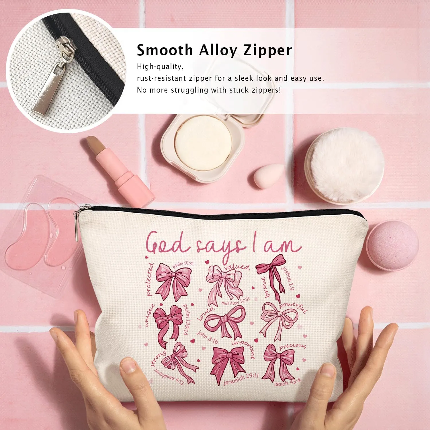 God Says I Am Pink Christian Makeup Bag, Coquette Pink Bow Preppy Cosmetic Bags for Women, Inspirational Christian Gifts for Women, Preppy Aesthetic Zipper Makeup Pouch