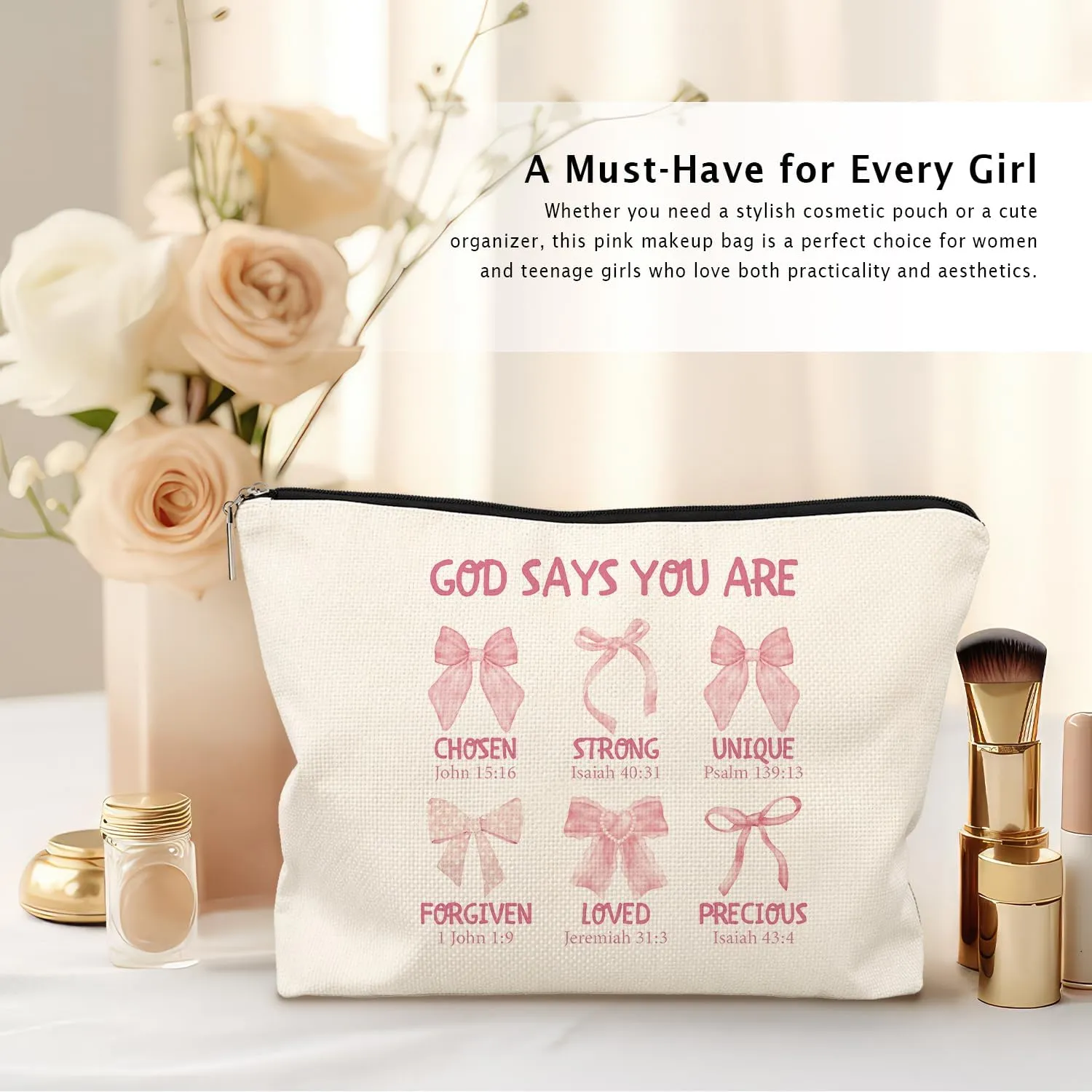 God Says You Are Pink Christian Makeup Bag, Coquette Pink Bow Preppy Cosmetic Bags for Women, Inspirational Christian Gifts for Women, Preppy Aesthetic Zipper Makeup Pouch