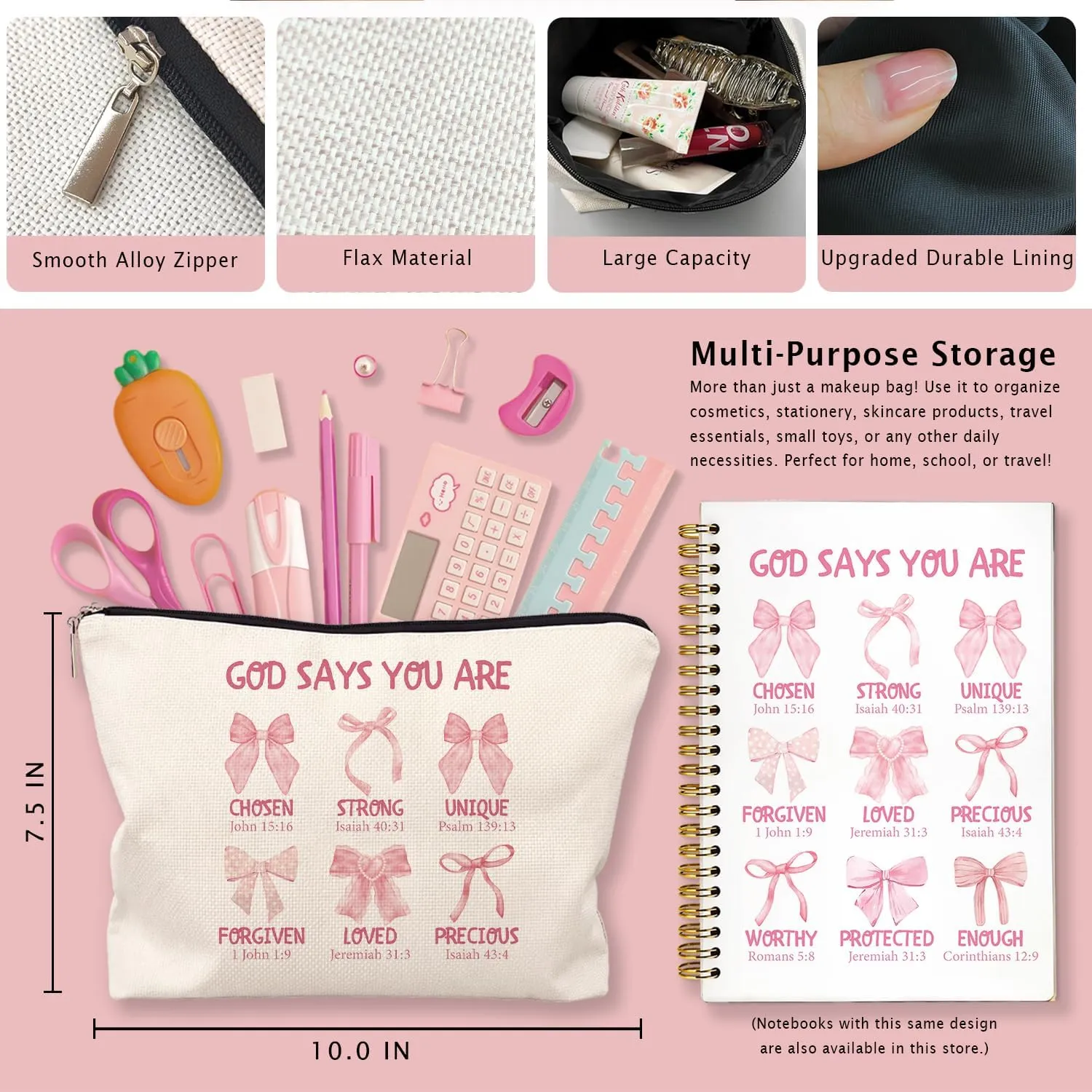 God Says You Are Pink Christian Makeup Bag, Coquette Pink Bow Preppy Cosmetic Bags for Women, Inspirational Christian Gifts for Women, Preppy Aesthetic Zipper Makeup Pouch