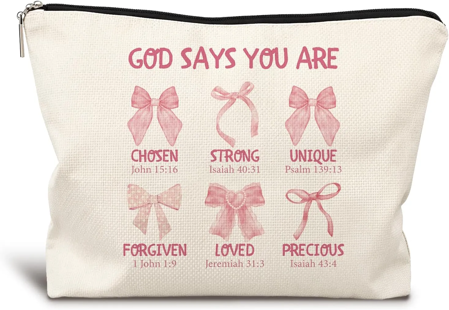 God Says You Are Pink Christian Makeup Bag, Coquette Pink Bow Preppy Cosmetic Bags for Women, Inspirational Christian Gifts for Women, Preppy Aesthetic Zipper Makeup Pouch