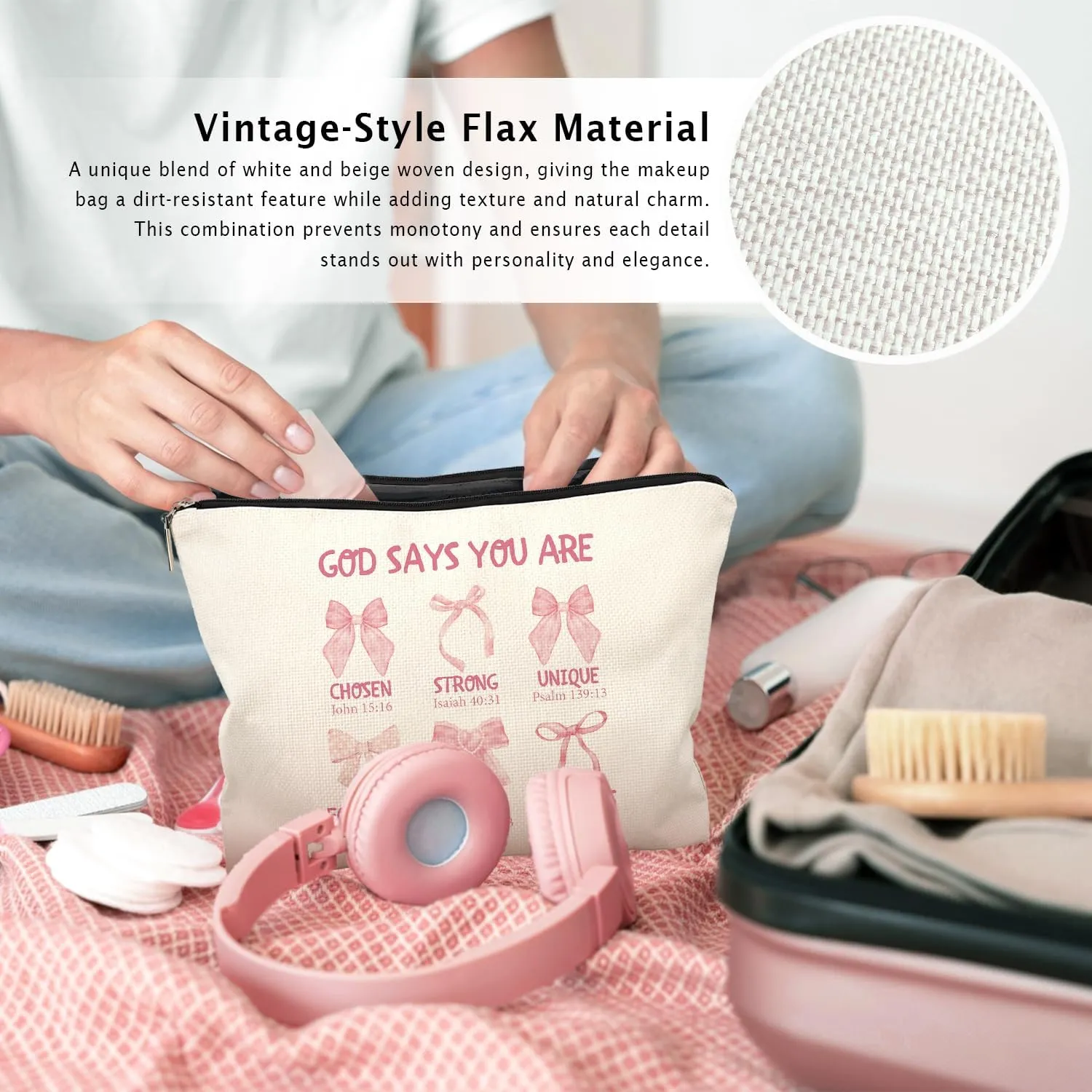 God Says You Are Pink Christian Makeup Bag, Coquette Pink Bow Preppy Cosmetic Bags for Women, Inspirational Christian Gifts for Women, Preppy Aesthetic Zipper Makeup Pouch