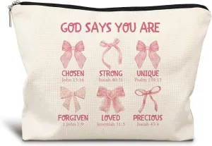 God Says You Are Pink Christian Makeup Bag, Coquette Pink Bow Preppy Cosmetic Bags for Women, Inspirational Christian Gifts for Women, Preppy Aesthetic Zipper Makeup Pouch