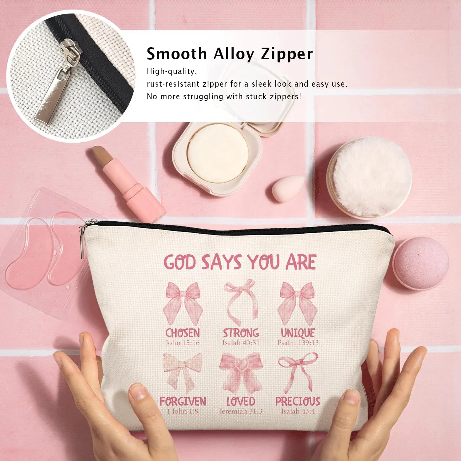 God Says You Are Pink Christian Makeup Bag, Coquette Pink Bow Preppy Cosmetic Bags for Women, Inspirational Christian Gifts for Women, Preppy Aesthetic Zipper Makeup Pouch
