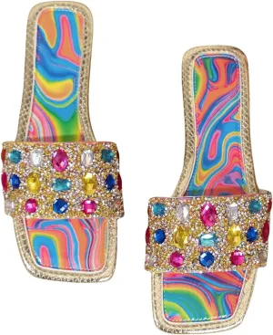 GORGLITTER Women's Rhinestone Marble Sandals Square Open Toe Glamorous Single Band Flats
