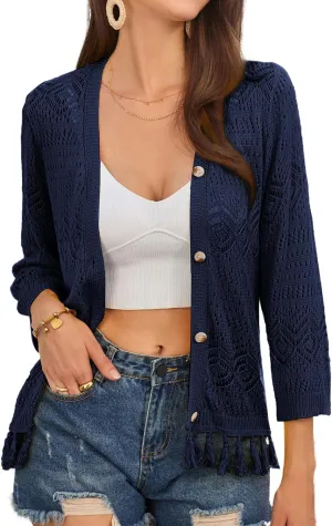 GRACE KARIN Women's 3/4 Sleeve V-Neck Boho Hollowed Out Crochet Knit Shrug Lightweight Cardigan Sweater with Tassels