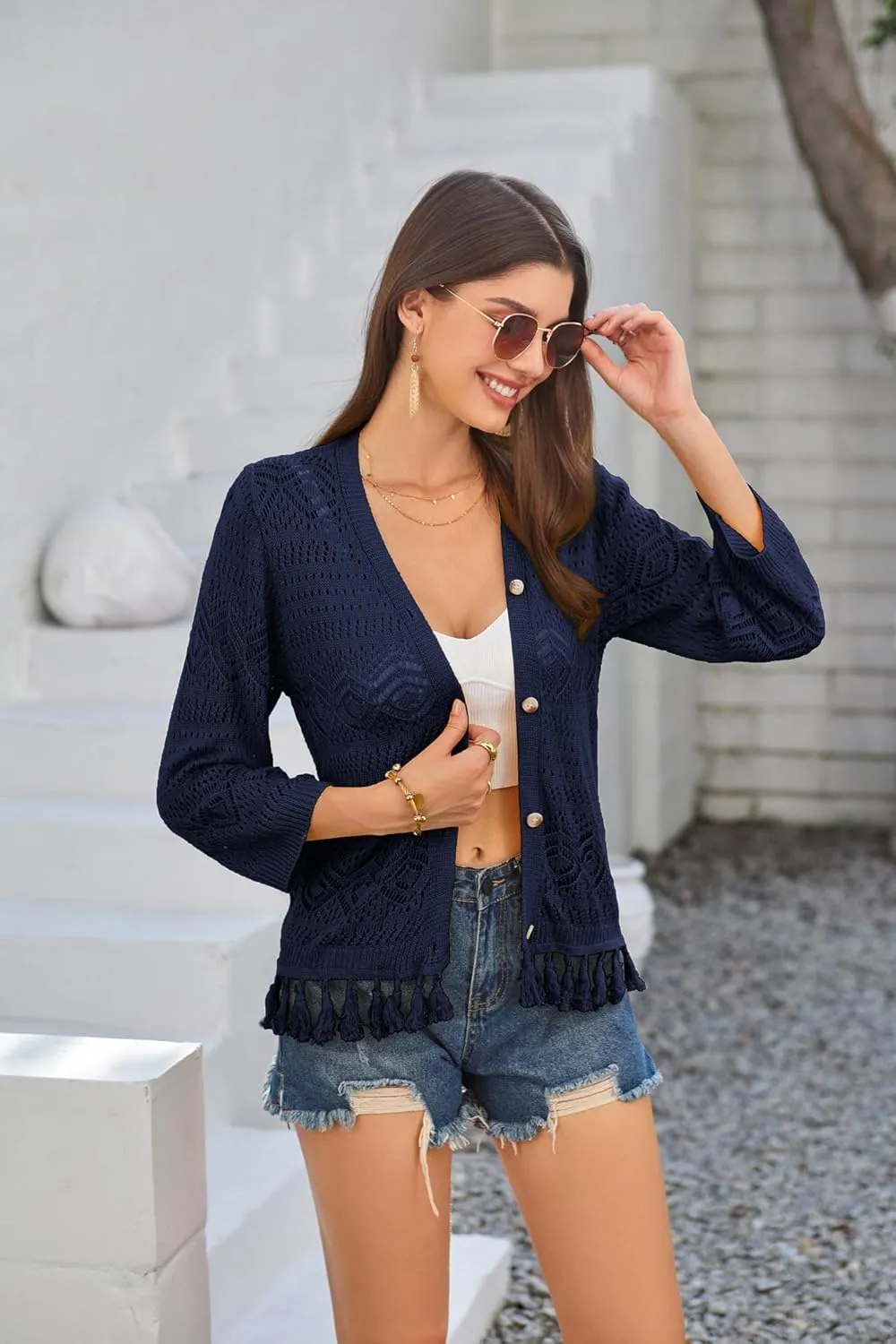 GRACE KARIN Women's 3/4 Sleeve V-Neck Boho Hollowed Out Crochet Knit Shrug Lightweight Cardigan Sweater with Tassels