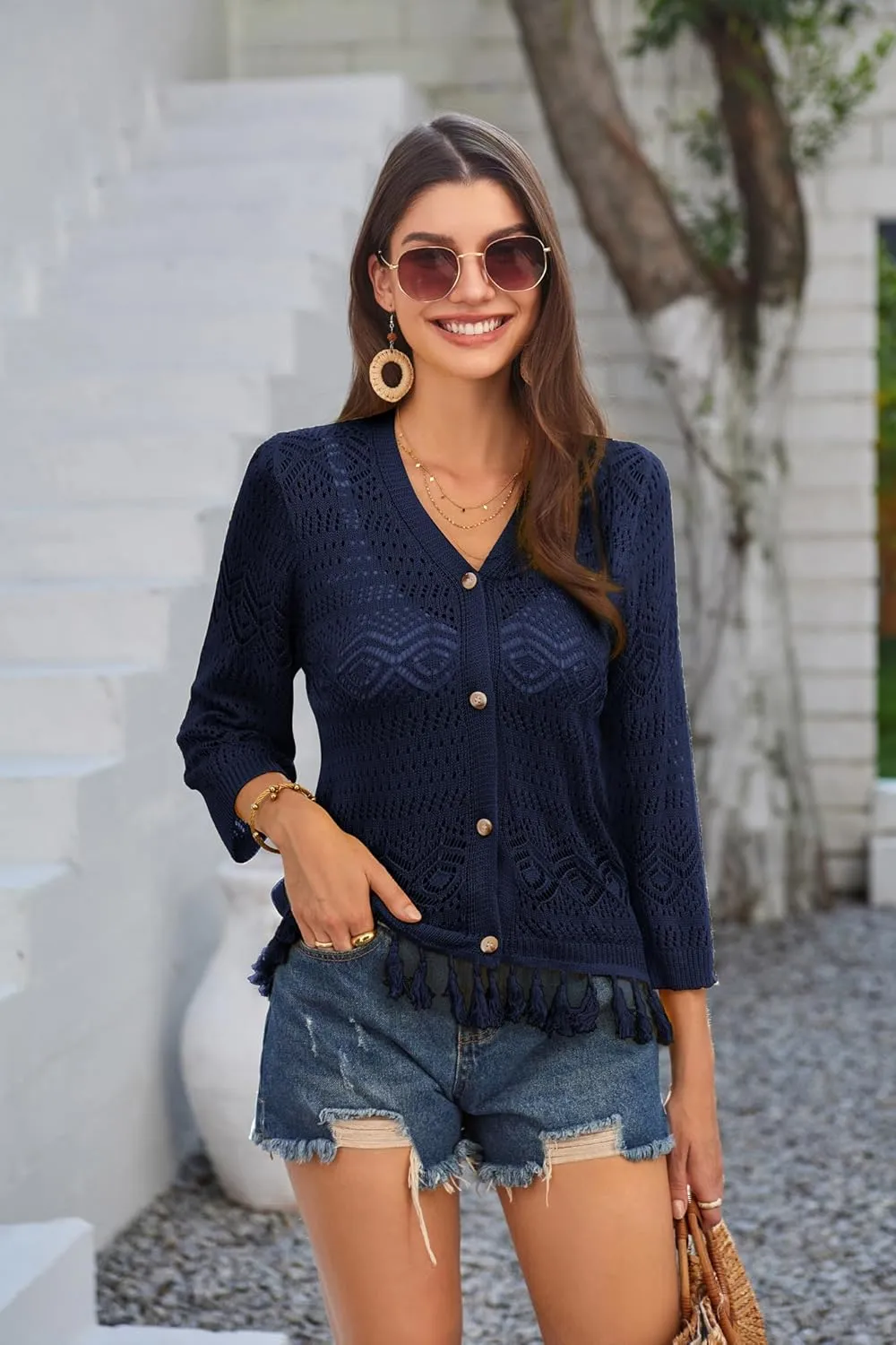 GRACE KARIN Women's 3/4 Sleeve V-Neck Boho Hollowed Out Crochet Knit Shrug Lightweight Cardigan Sweater with Tassels