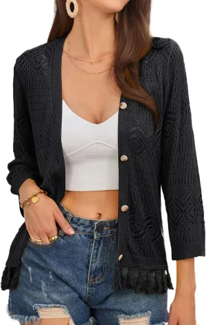 GRACE KARIN Women's 3/4 Sleeve V-Neck Boho Hollowed Out Crochet Knit Shrug Lightweight Cardigan Sweater with Tassels