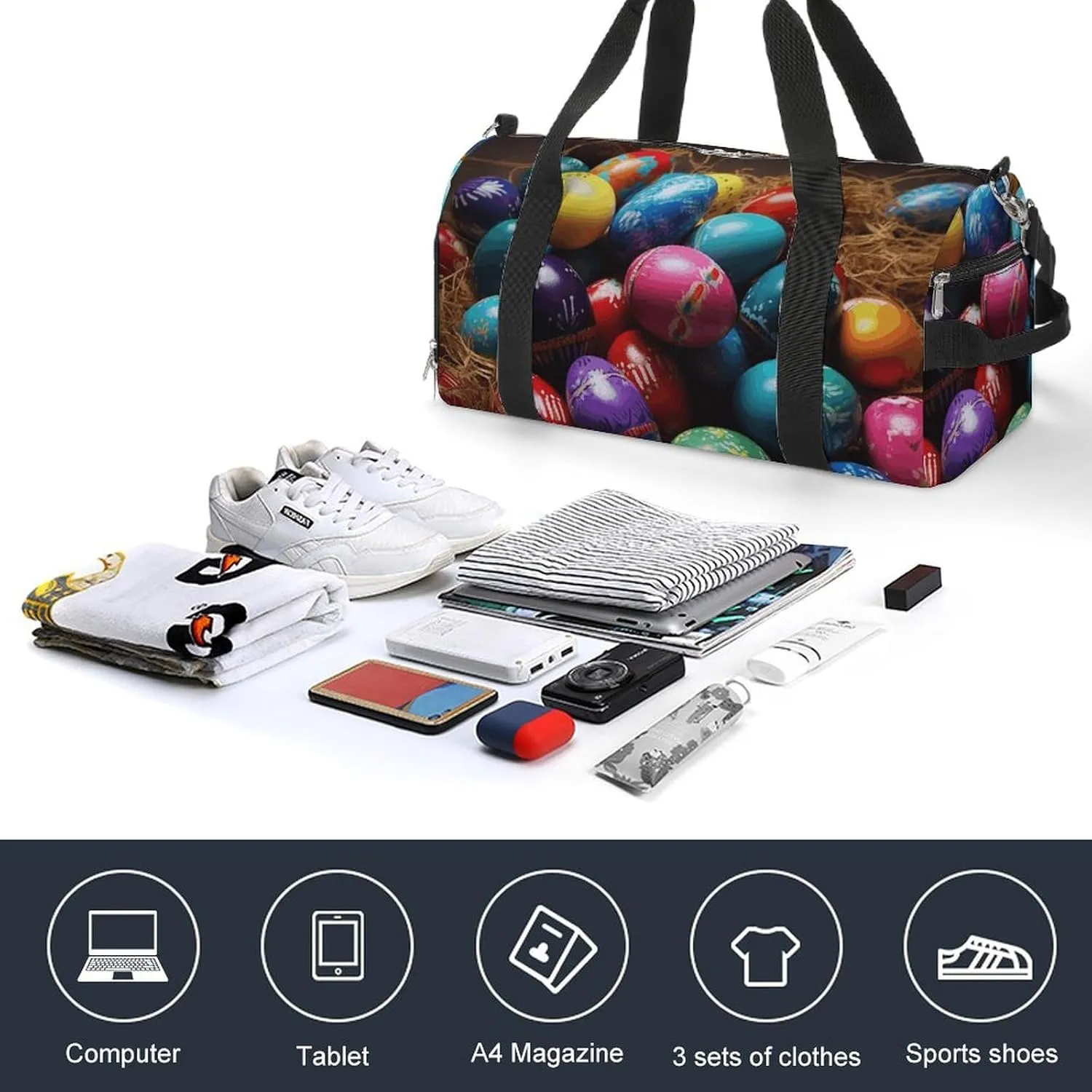 Gym Bag Colorful Easter Eggs Duffel Bag for Men Women Overnight Bag with Shoe Compartment Workout Bags