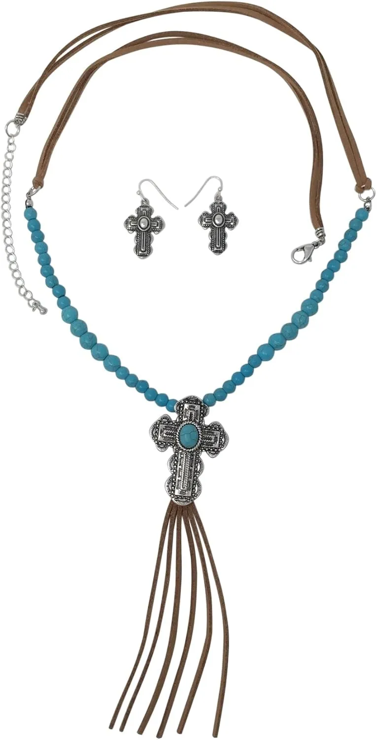 Gypsy Jewels Long Faux Suede Tassel Fringe Western Style Necklace & Earrings Set - Assorted Styles
