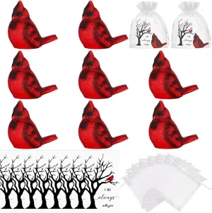 Haiabei 24 Pack Memorial Cardinal Gift Set Christmas Cardinal Gifts Kit Include Mini Red Cardinal Bird Statue Figures and Red Feathered Cards and Bags for Sympathy Memorial Gift