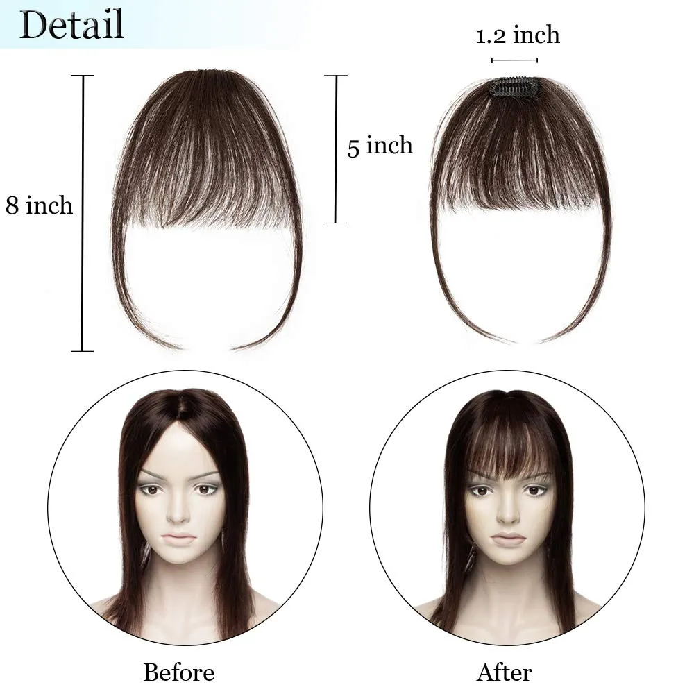 Hairro Clip in Bangs Real Hair Air Bangs Hair Piece 100% Human Hair Two Side Bangs With Temples Thin One Piece Hair Air Fringe Blonde Clip On Hair Bangs Hair Extensions for Women Girls #02 Dark Brown