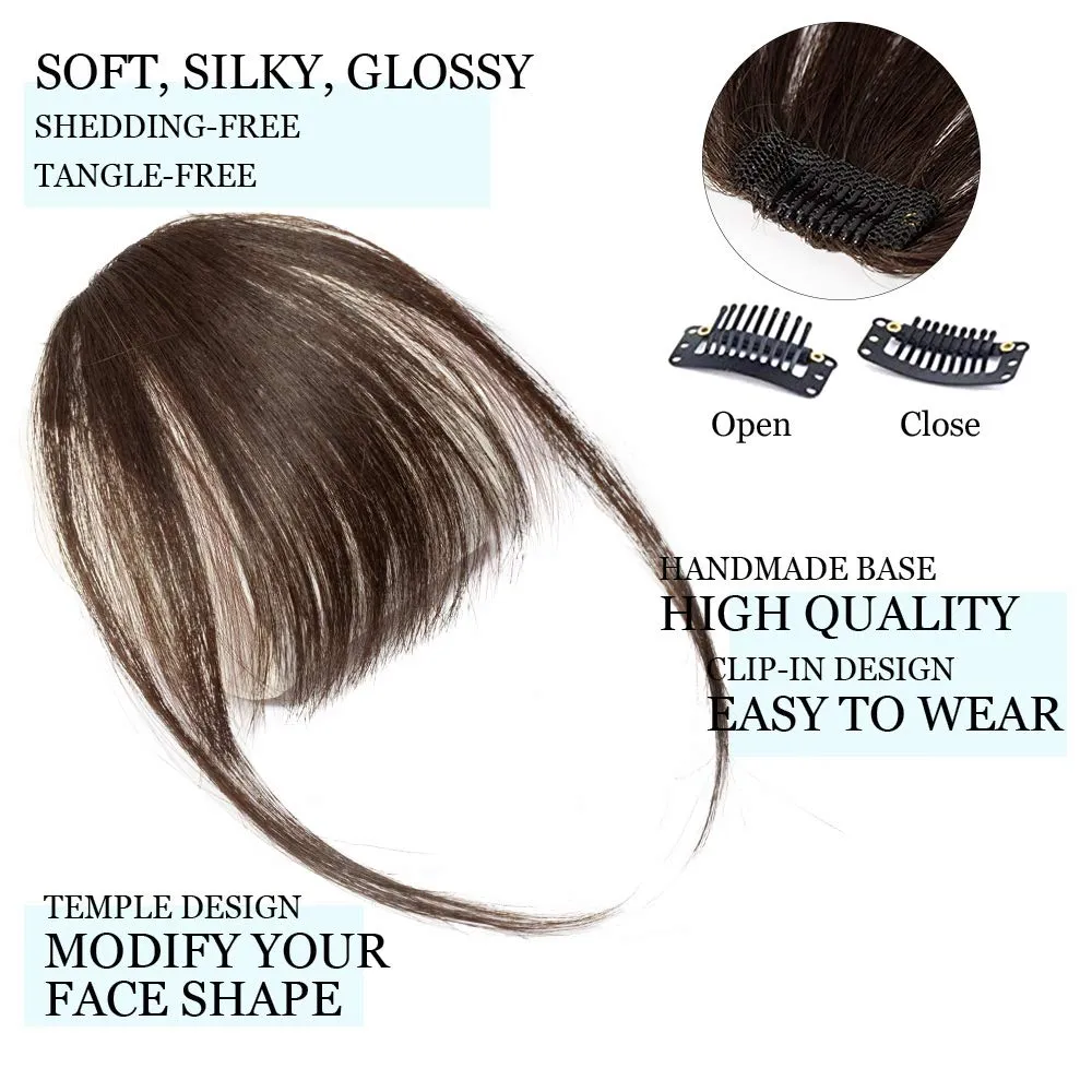 Hairro Clip in Bangs Real Hair Air Bangs Hair Piece 100% Human Hair Two Side Bangs With Temples Thin One Piece Hair Air Fringe Blonde Clip On Hair Bangs Hair Extensions for Women Girls #02 Dark Brown