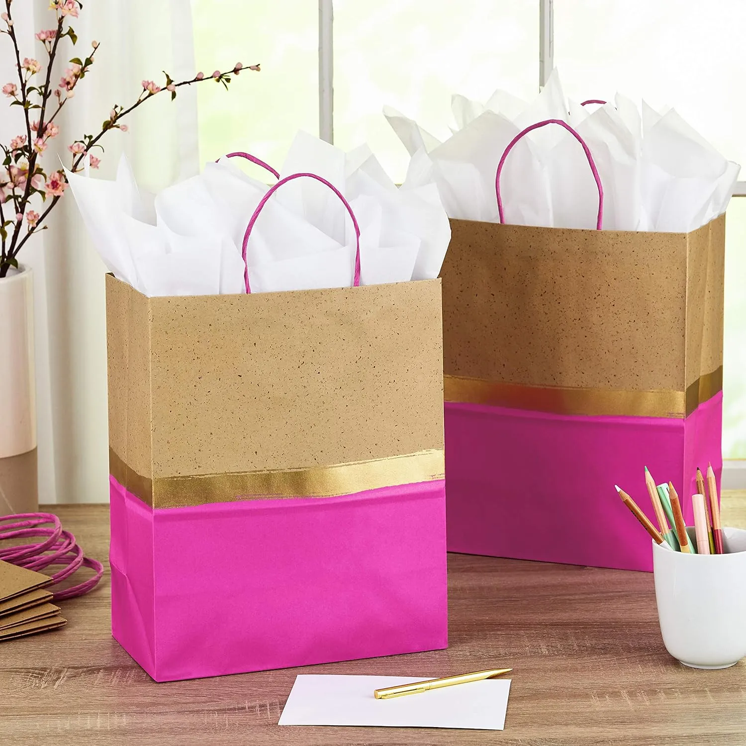 Hallmark 13" Large Paper Gift Bags, 6-Pack (Pink & Kraft) for Christmas, Birthdays, Mother's Day, Weddings, Baby Showers, Bridal Showers, Any Occasion