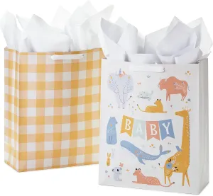 Hallmark 15" Extra Large Gift Bags with Tissue Paper (2 Bags: Baby Animals, Yellow Gingham) for Baby Showers, 1st Birthdays, Gender Reveal Parties