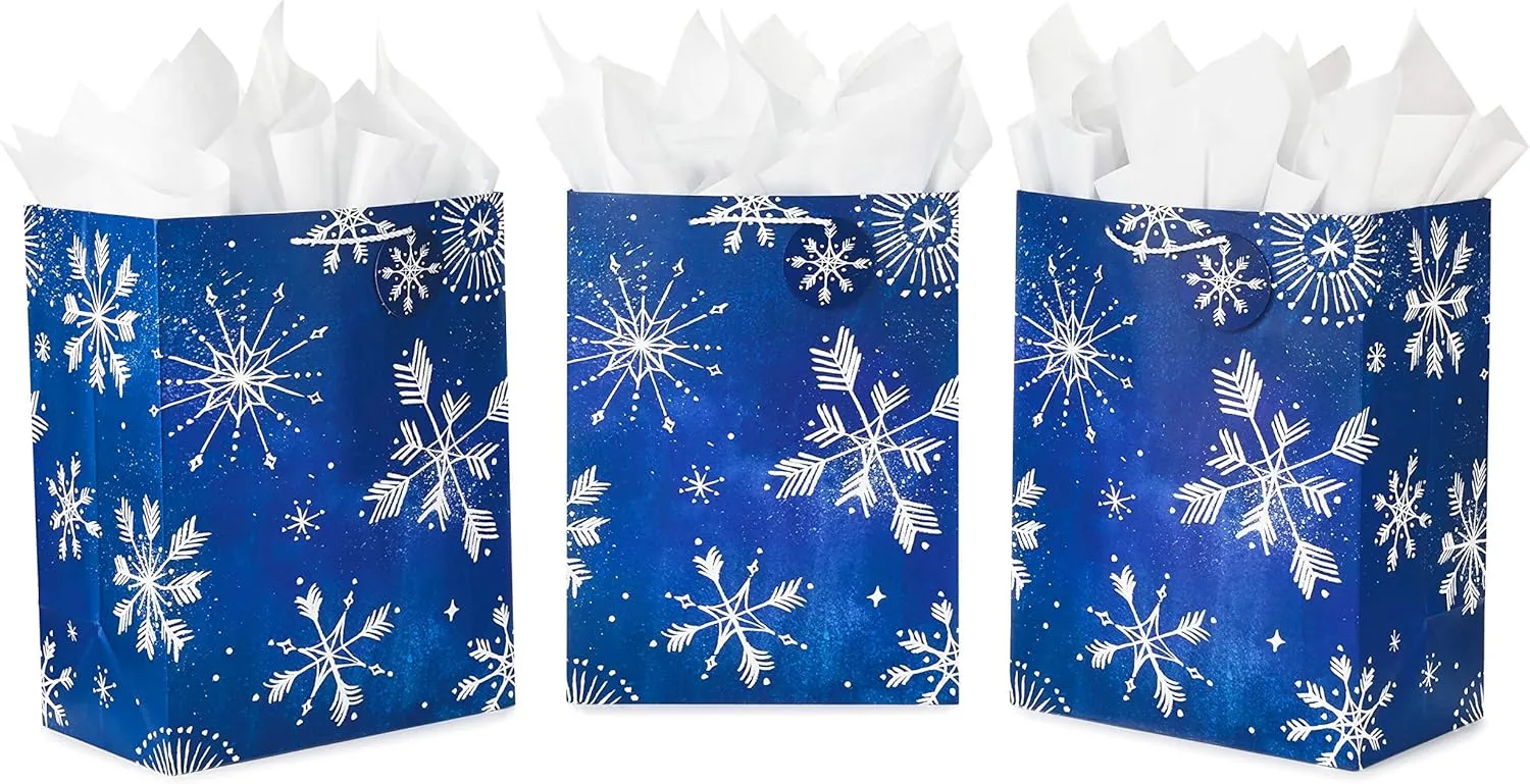 Hallmark 17" Extra Large Blue Gift Bags with Tissue Paper (3 Gift Bags: Starry Snowflakes on Navy) for Winter Weddings, Birthdays, Housewarming Gifts