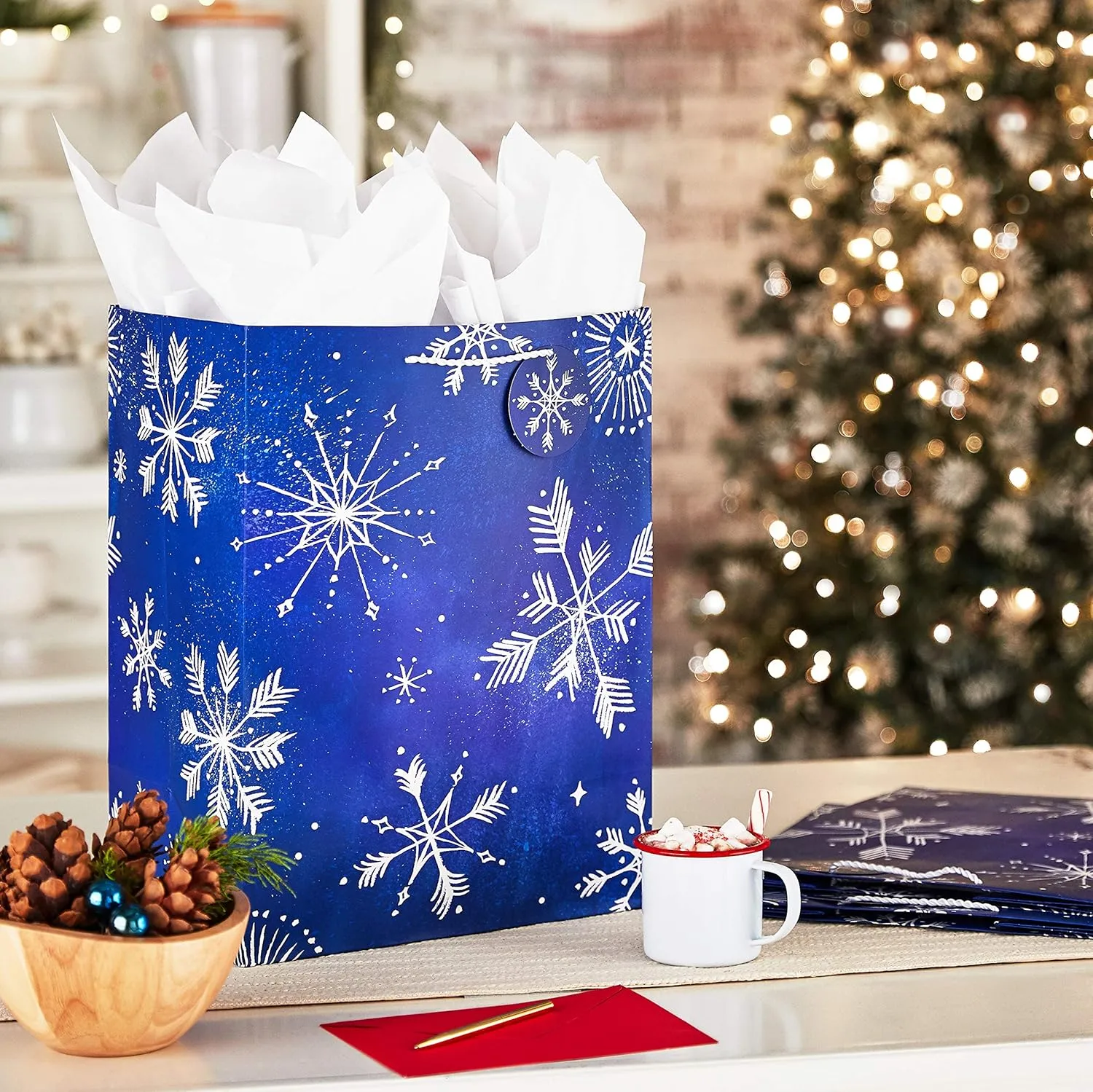 Hallmark 17" Extra Large Blue Gift Bags with Tissue Paper (3 Gift Bags: Starry Snowflakes on Navy) for Winter Weddings, Birthdays, Housewarming Gifts