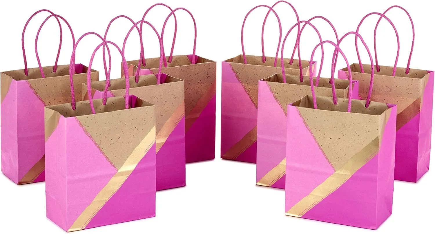Hallmark 6" Small Paper Gift Bags, 8-Pack (Pink and Kraft) for Christmas, Birthdays, Mother's Day, Weddings, Baby Showers, Bridal Showers, Care Packages and More