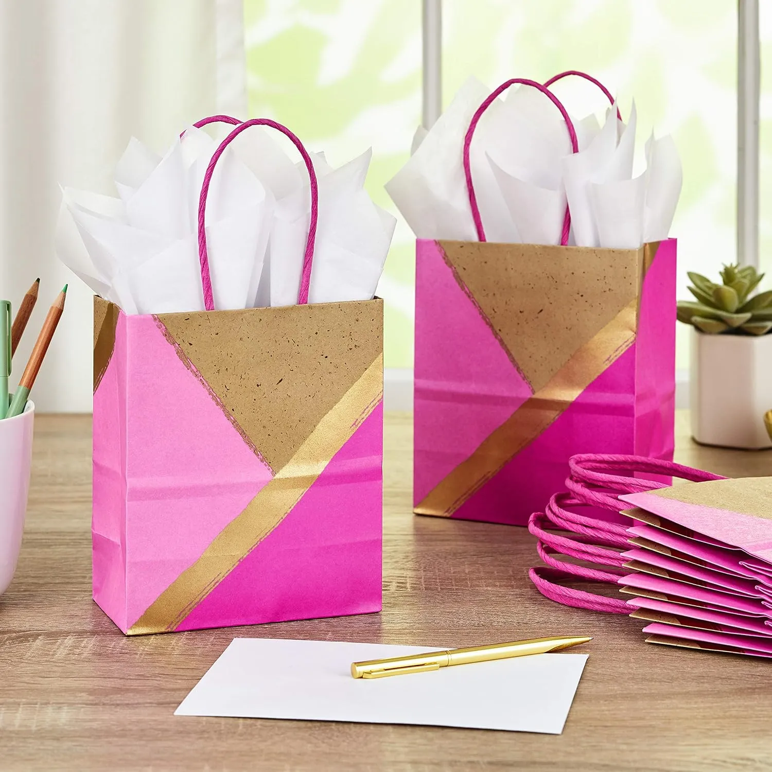 Hallmark 6" Small Paper Gift Bags, 8-Pack (Pink and Kraft) for Christmas, Birthdays, Mother's Day, Weddings, Baby Showers, Bridal Showers, Care Packages and More