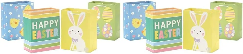 Hallmark 9" Medium Easter Gift Bag Bundle (4 Bags: Happy Easter, Stripes, Eggs, Bunny) for Kids, Grandchildren, Nieces, Nephews (Pack of 2)