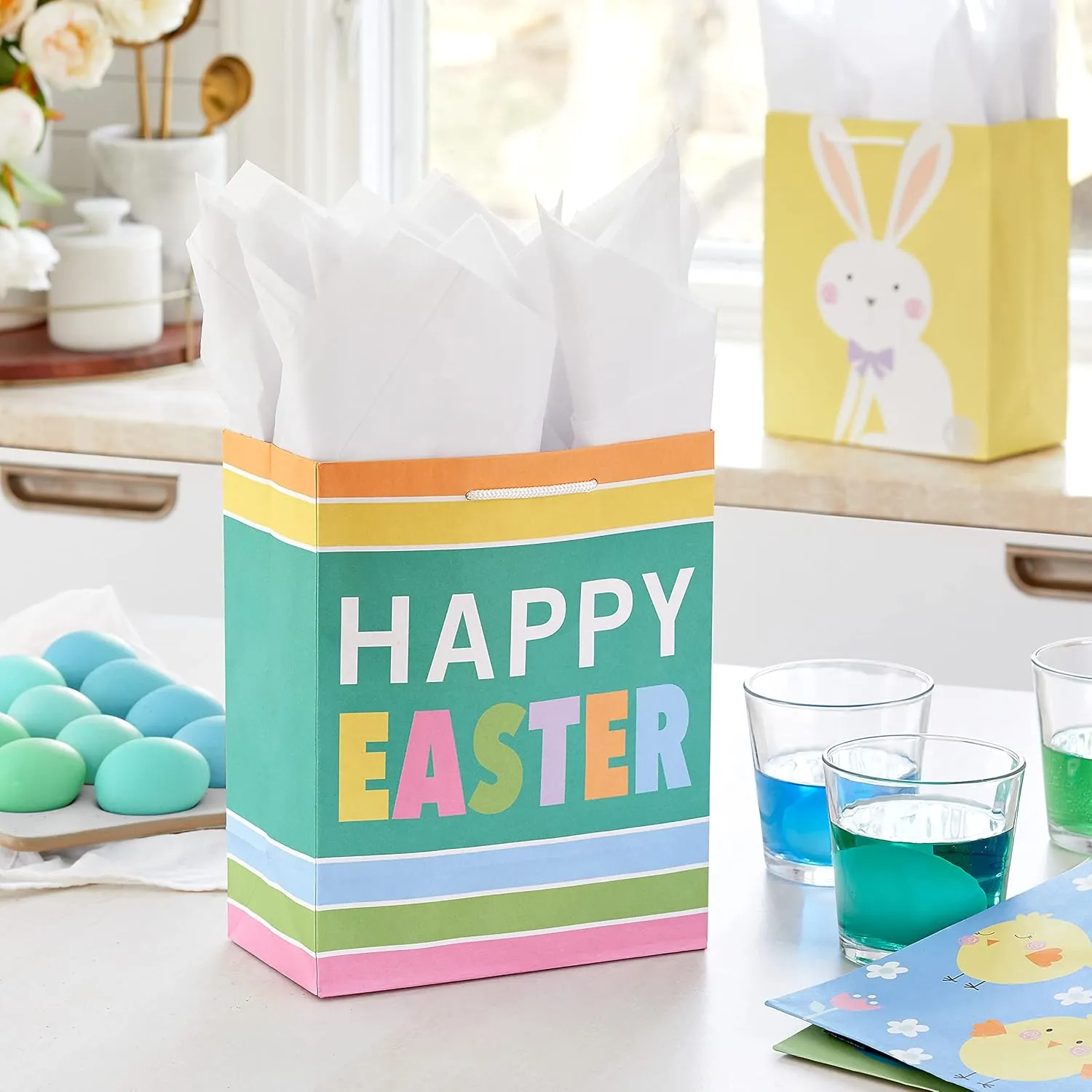 Hallmark 9" Medium Easter Gift Bag Bundle (4 Bags: Happy Easter, Stripes, Eggs, Bunny) for Kids, Grandchildren, Nieces, Nephews (Pack of 2)