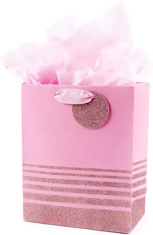 Hallmark 9" Medium Gift Bag with Tissue Paper (Pink Glitter Stripes) for Valentines Day, Birthdays, Baby Showers, Bridal Showers or Any Occasion