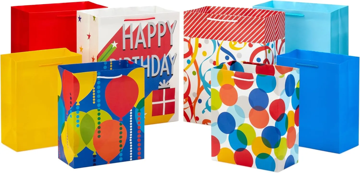 Hallmark Assorted Birthday Gift Bags (8 Bags: 4 Medium 9", 4 Large 13") for Kids, Teachers, Grandchildren, Adults, Siblings, Parties