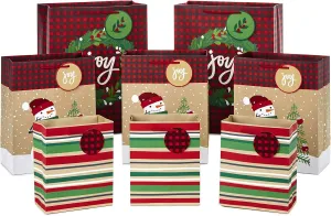 Hallmark Christmas Gift Bag Assortment, Traditional (Pack of 8 Gift Bags; 3 Small 6", 3 Medium 9", 2 Large 13") Snowmen, Red Plaid, Kraft Stripes, "Joy" Wreath